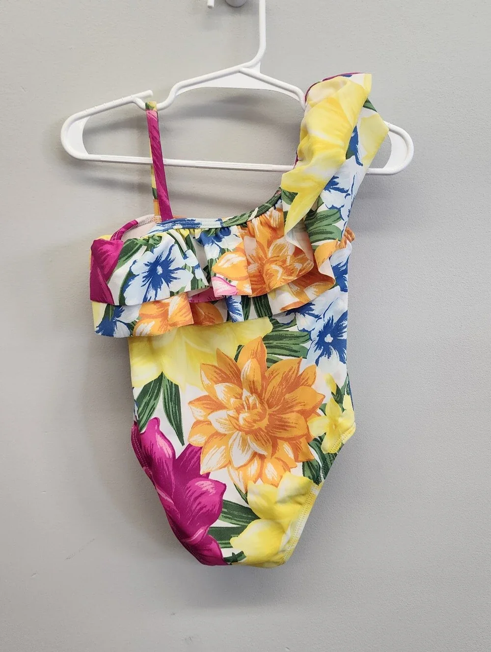 Janie and Jack Girls 2T Tropical Floral One Shoulder Ruffle Swimsuit